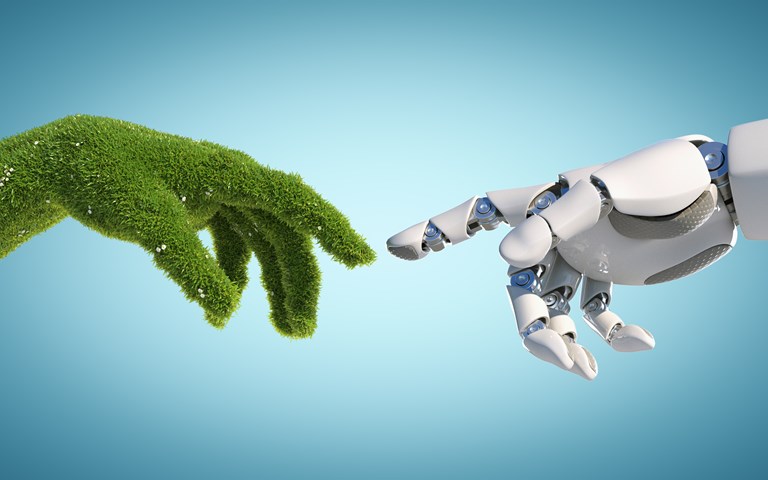 Stock Photo Nature And Technology Abstract Concept Robot Hand And Natural Hand Covered With Grass Reaching To 1072059917