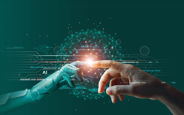 Stock Photo Ai Machine Learning Hands Of Robot And Human Touching On Big Data Network Connection Background 1633125442